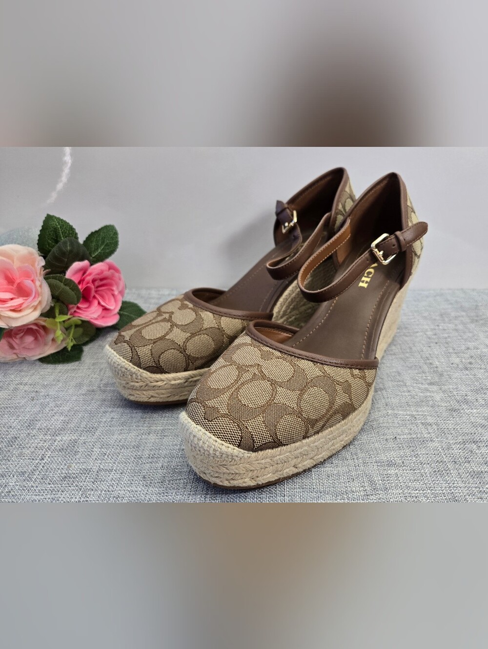 COACH Raine Signature Jacquard Espadrille Wedge Sandals Khaki Saddle Size 10B